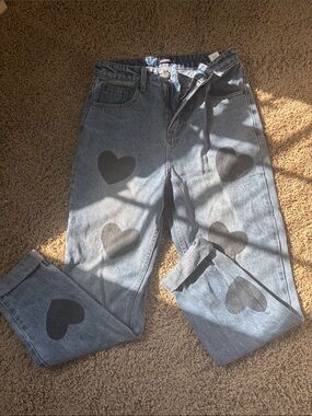 Boohoo Blue Straight Leg Jeans with Black Heart Prints